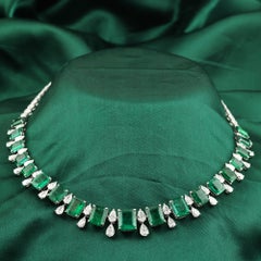 18K White Gold 57.89 Ct Natural Emerald Cut Emerald & Diamond Collar Necklace