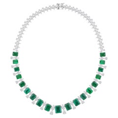 18K White Gold 57.89 Ct Natural Emerald Cut Emerald & Diamond Collar Necklace