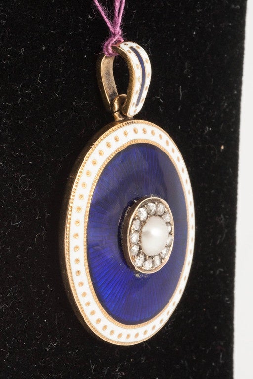 Stunning blue and white Enamel Locket back pendant set with Pearl and Diamonds in 18ct Gold in original fitted case