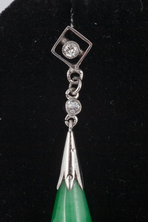 Beautiful drop shaped jade Earrings set in |Platinum with Diamond details