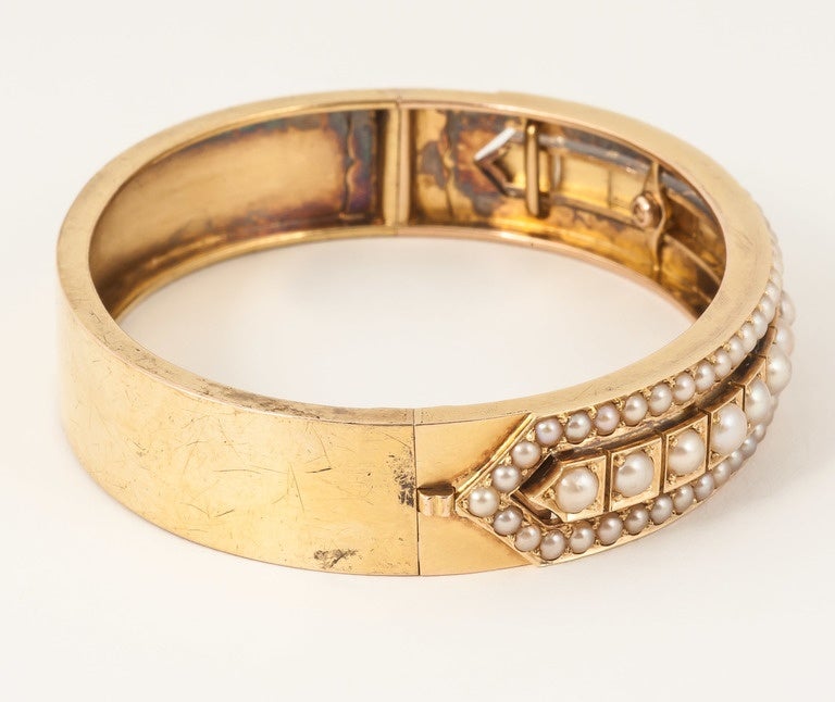 Women's Edwardian Pearl Gold Bangle Bracelet For Sale
