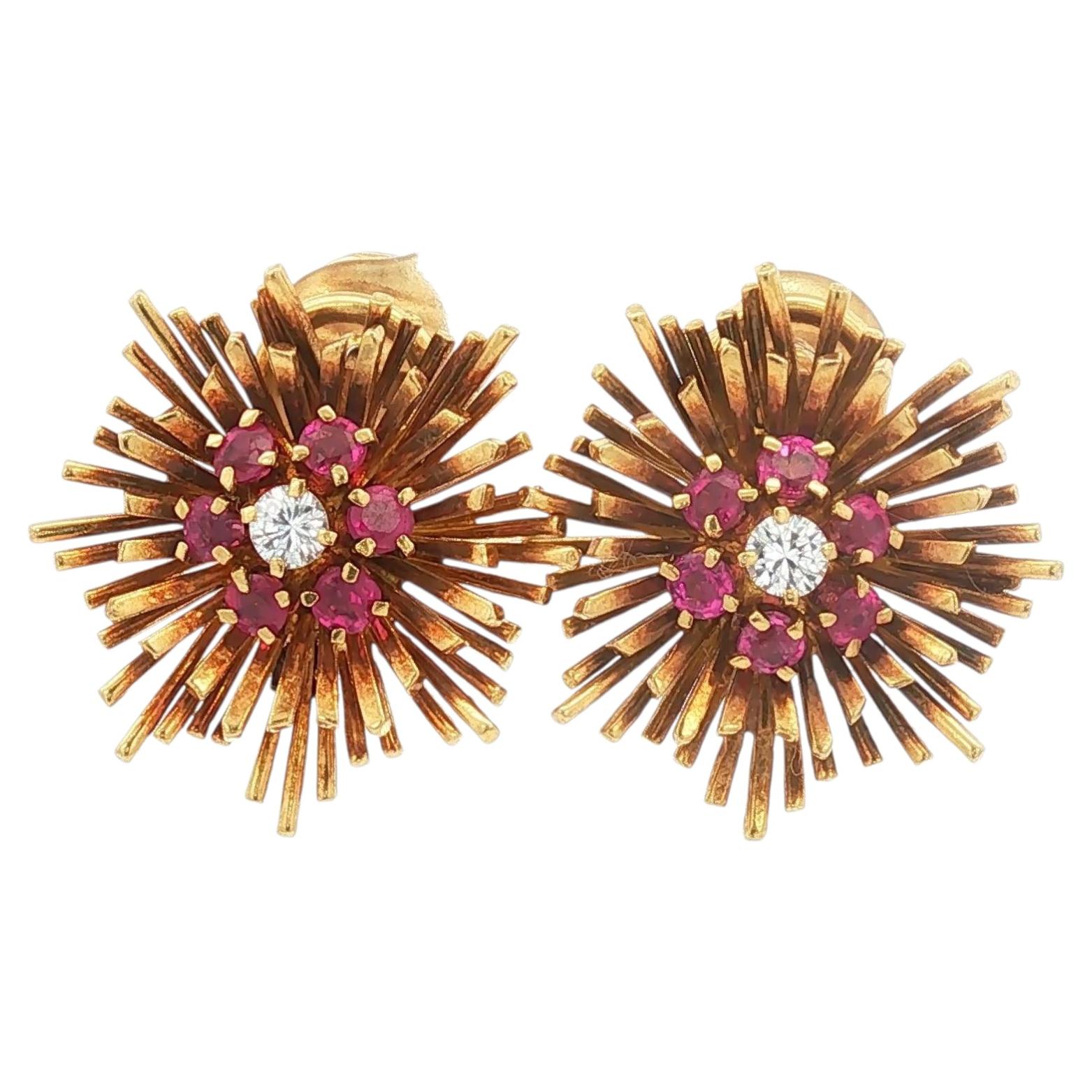 Vintage Mid-century Tiffany & Co 18K Ruby and Diamond Sunburst Earring
