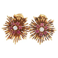 Vintage Mid-century Tiffany & Co 18K Ruby and Diamond Sunburst Earring