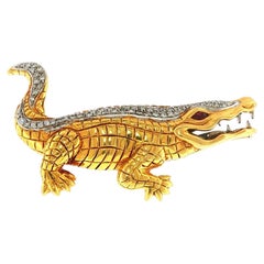 Piero Milano 18K Gold Crocodile Brooch with Diamond Crest and Ruby Eye