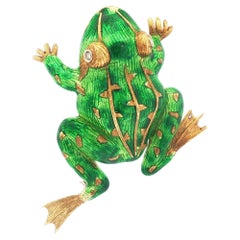 Vintage Green Enamel Textured 18K Frog with Diamond Eyes