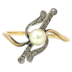 16k + Platinum Art Nouveau Diamond Pearl Ring