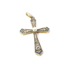 Gold & Platinum Sapphire Pearl Cross Pendant