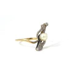 16k + Platinum Art Nouveau Diamond Pearl Ring