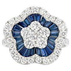 18k White Gold Modern Diamond Sapphire Flower Ring, Size 7, 2ct