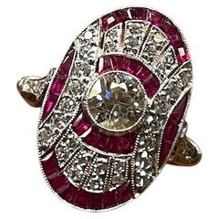 Bague Art déco en platine, ornée d'un diamant taille « Old Mine » et de rubis