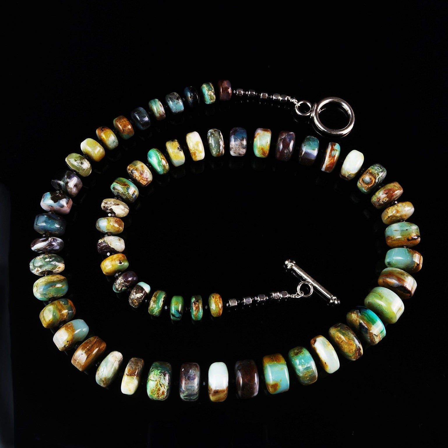 AJD Green and Brown Graduated Rondels of Peruvian Opal Necklace with Silver For Sale