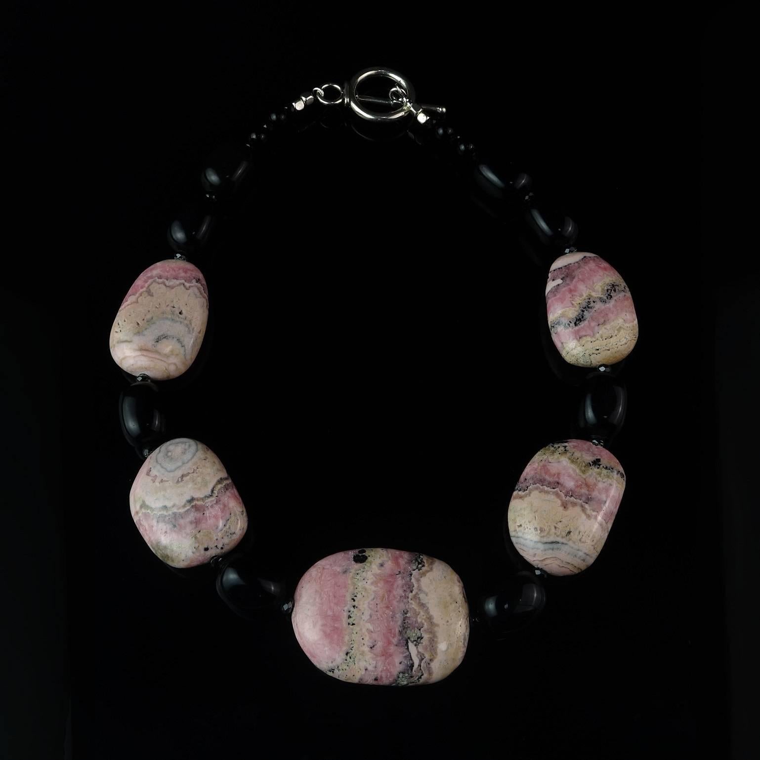 Artist  Argentine Rhodochrosite and Black Onyx Gemjunky Necklace with Silver Clasp