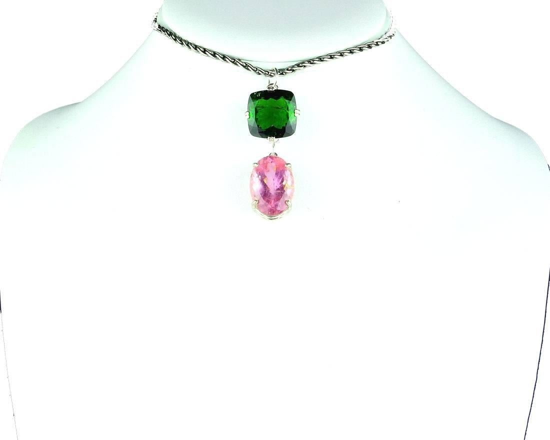 Cushion Cut 15.5 Carat Pink and 15.67 Green Tourmaline Cocktail Pendant