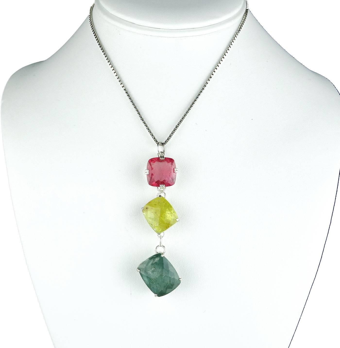 Cushion Cut AJD Stunning 47 Cts of Peachy Pink, Yellow, Bluegreen Tourmaline Silver Pendant For Sale