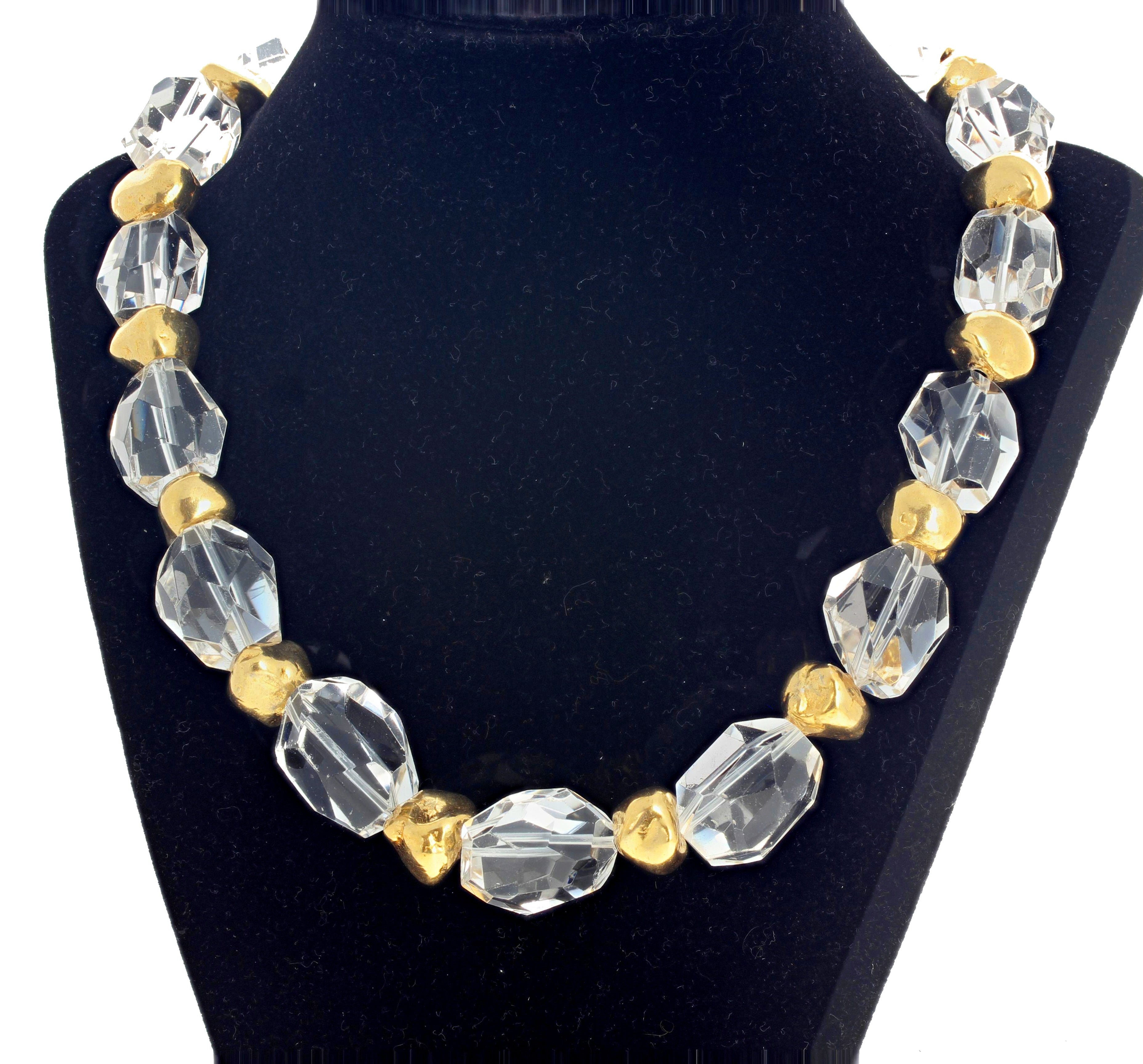Highly glowing checkerboard gem cut and polished unique chunks of silvery white natural translucent Brazilian silver white Quartz accented with goldy coated nuggets in this beautiful unique 17 inch long necklace with easy to use hook clasp.  The