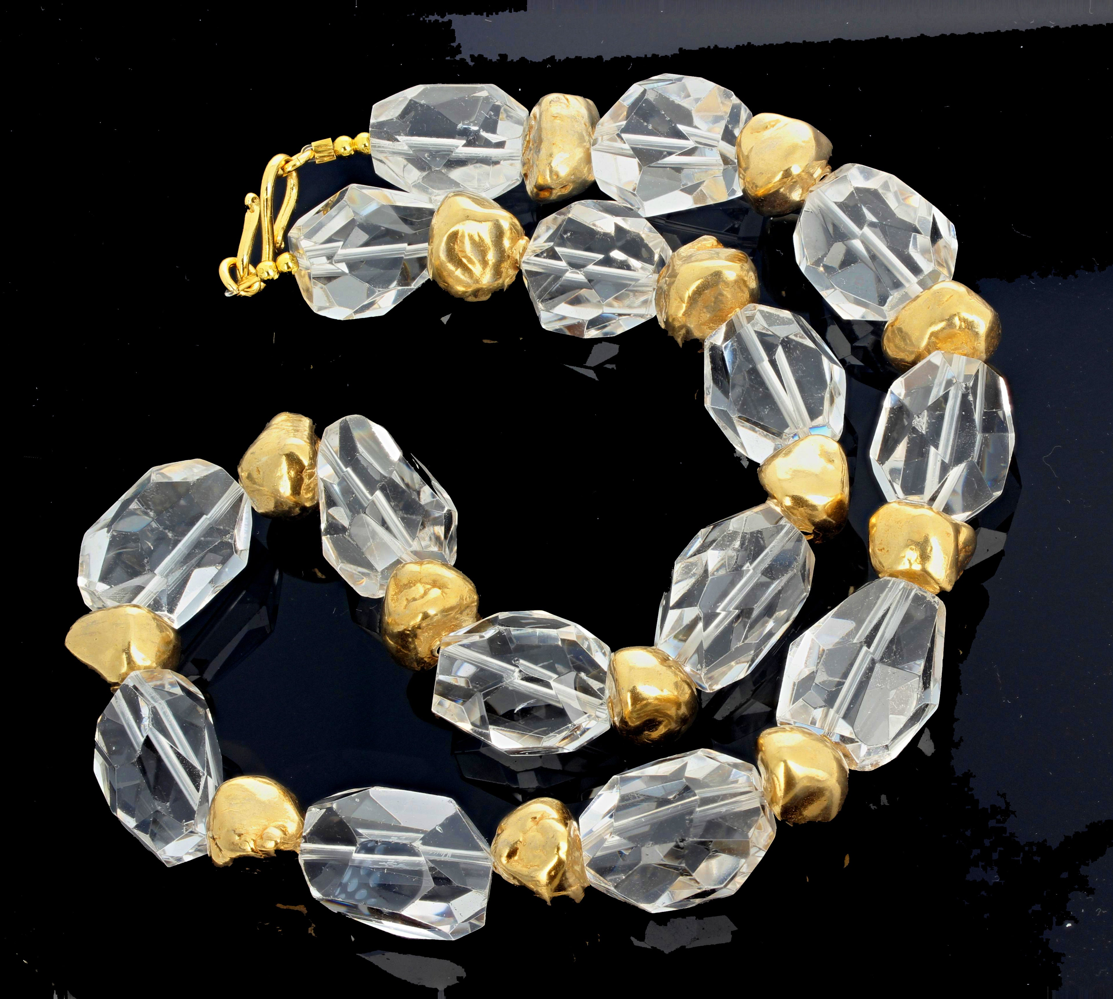 Mixed Cut AJD Brilliant Elegant Romantic Silvery White Quartz & Gold Nugget Necklace For Sale