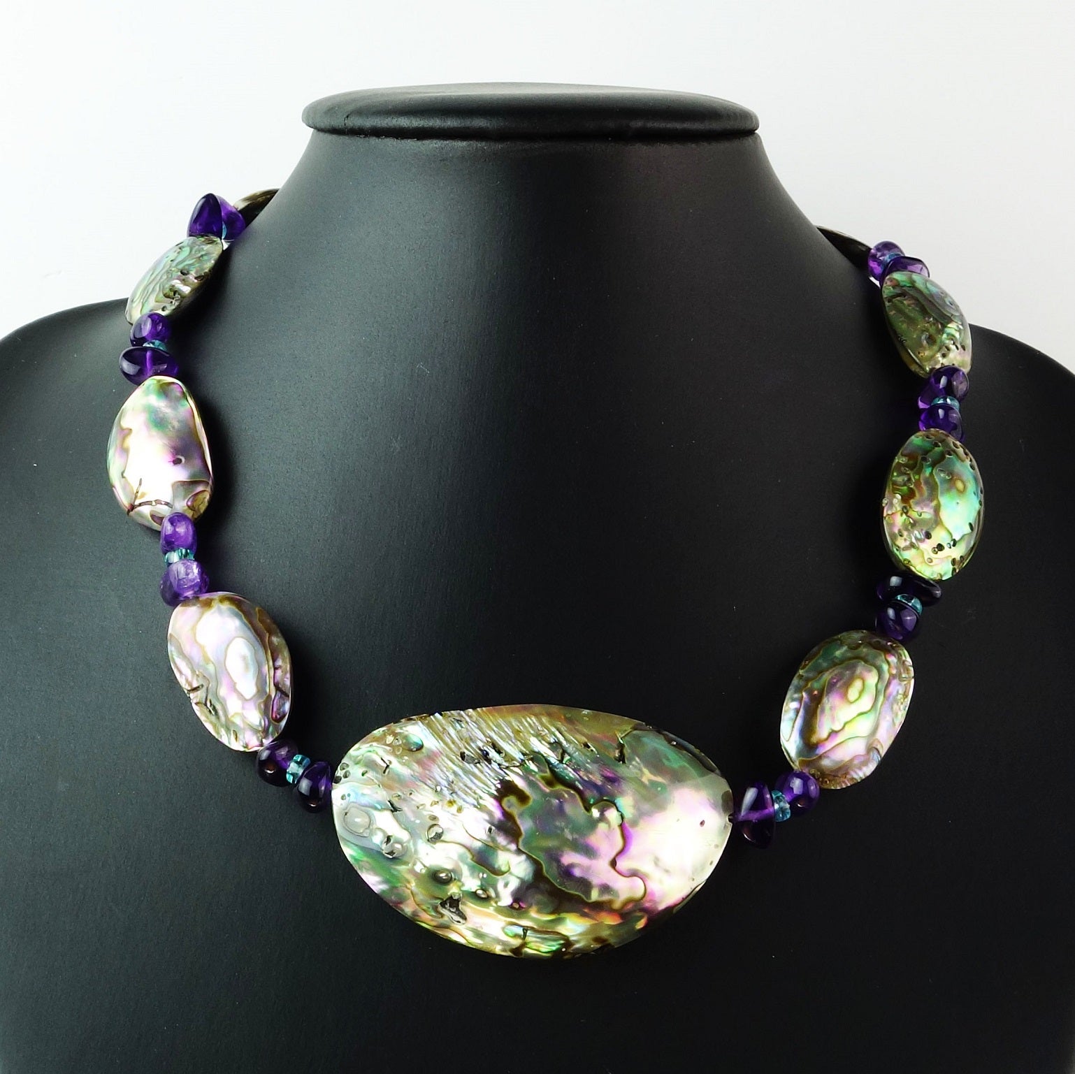 AJD Iridescent Paua Shell Short Necklace Accented with Amethyst and Apatite For Sale