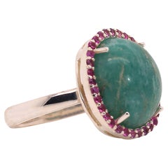 AJD Ring of Glowing Green Amazonite Surrounded by Pink Sapphires