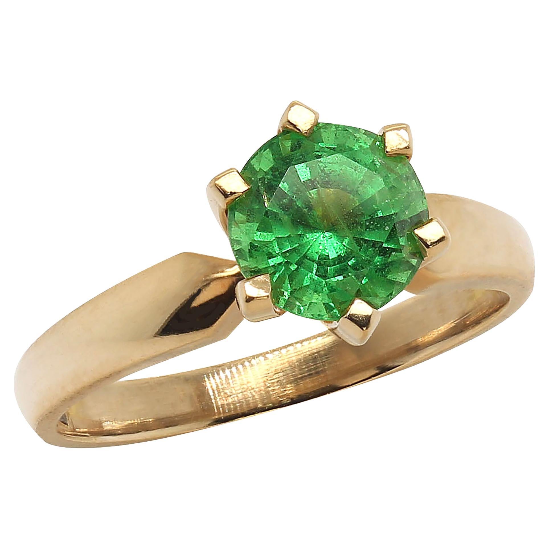 AJD Glittering Green Tsavorite Solitaire 18 Karat Gold Ring