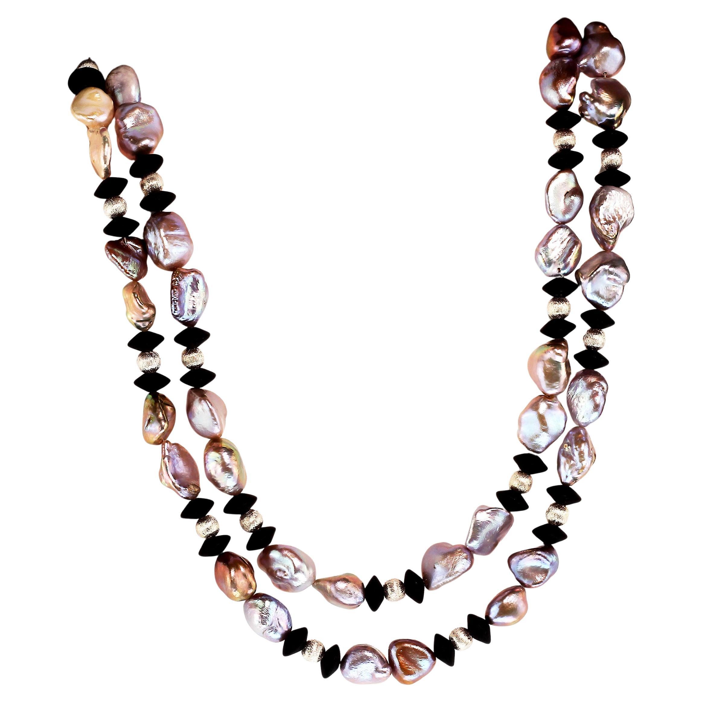 AJD Collana lunga 36 pollici con perle argentate e onice nero