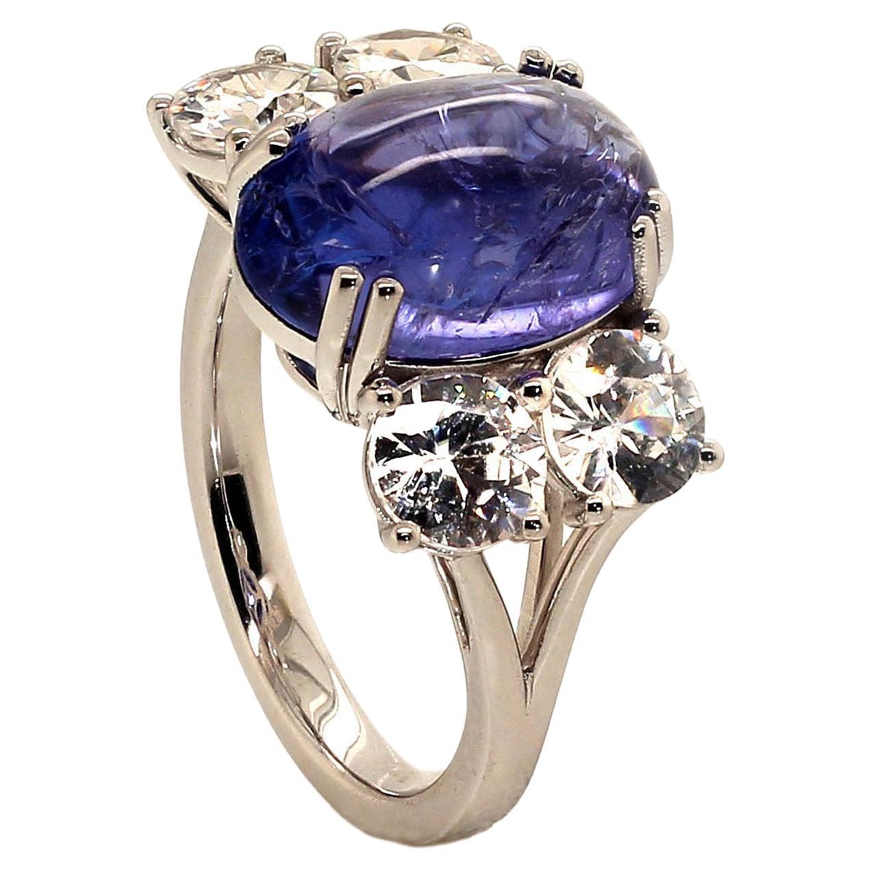 Artisan AJD Dinner Ring of Cabochon Tanzanite and Sparkling Genuine Zircons For Sale