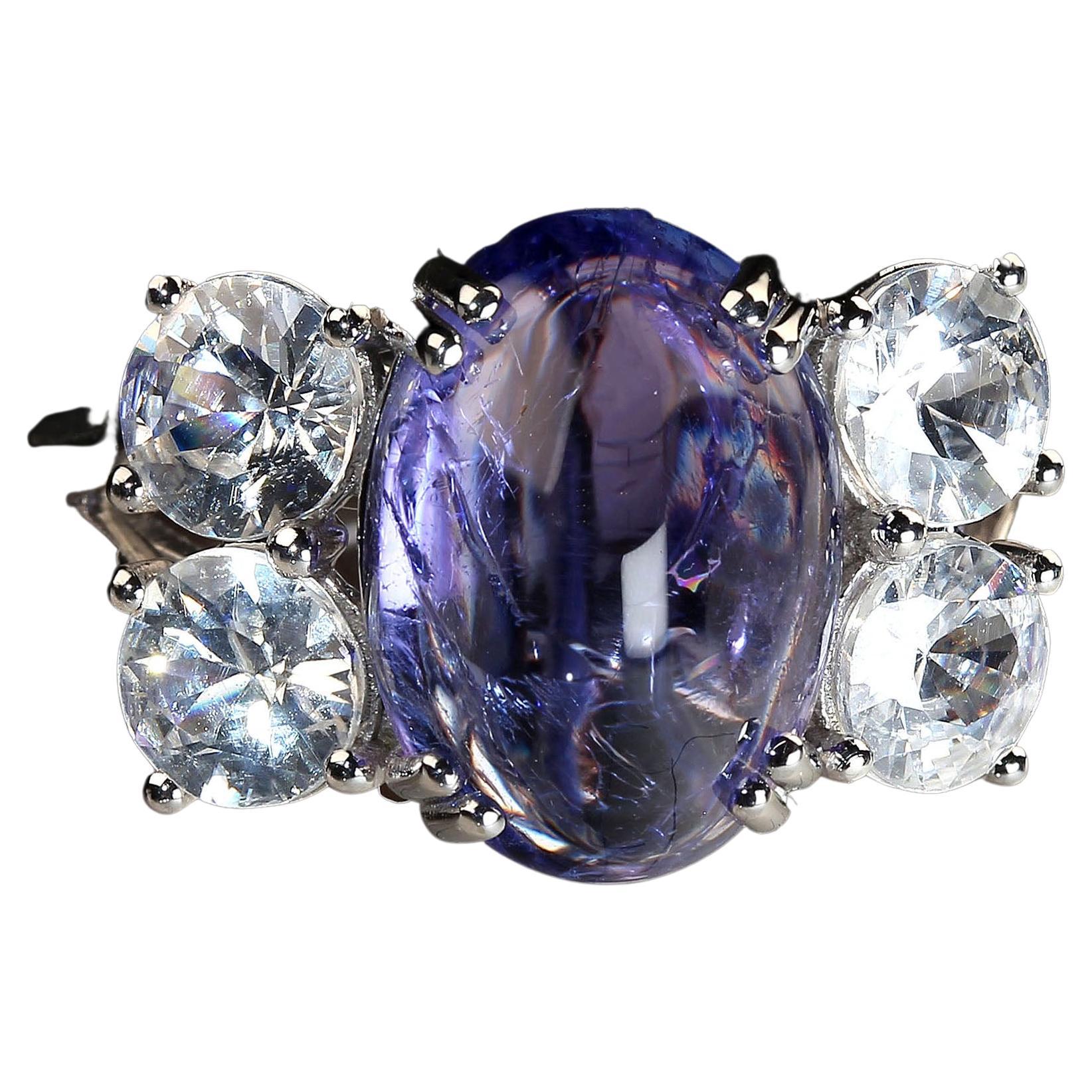 AJD Dinner Ring of Cabochon Tanzanite and Sparkling Cambodian Zircons