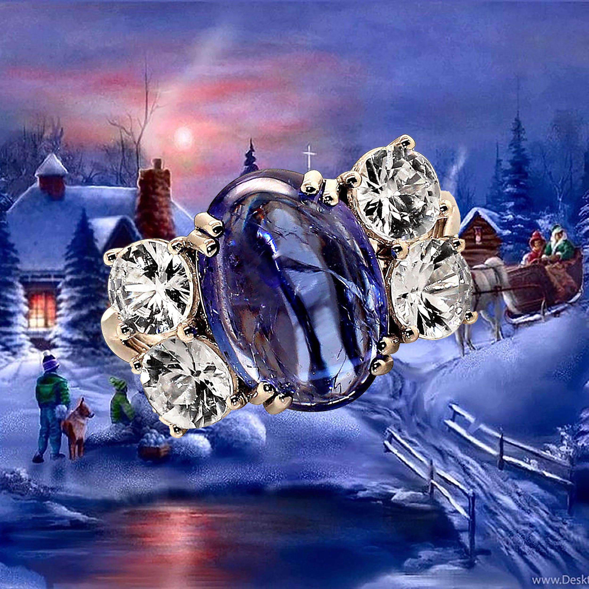 AJD Bague de soirée en tanzanite cabochon et zircons véritables scintillants