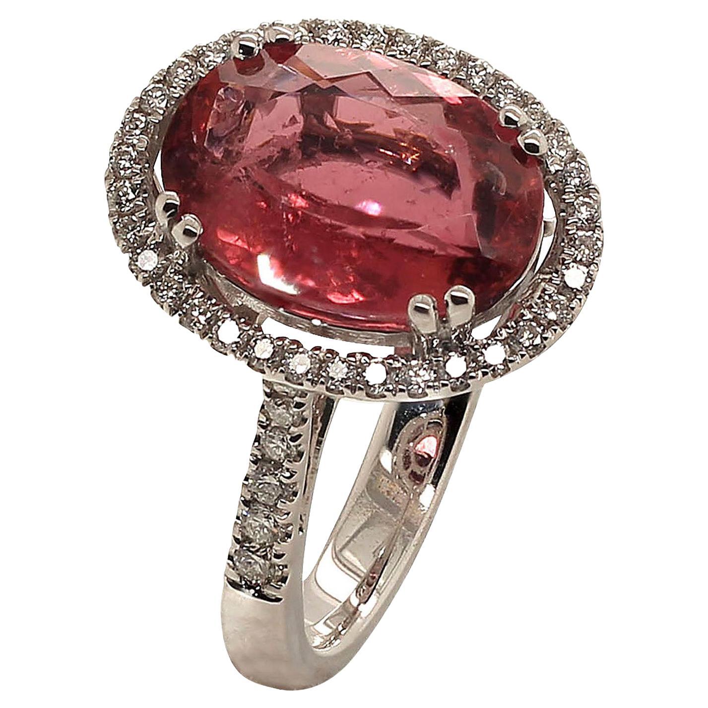 AJD Oval Pink Tourmaline Halo Set in Diamonds 14K white gold Ring For Sale 1