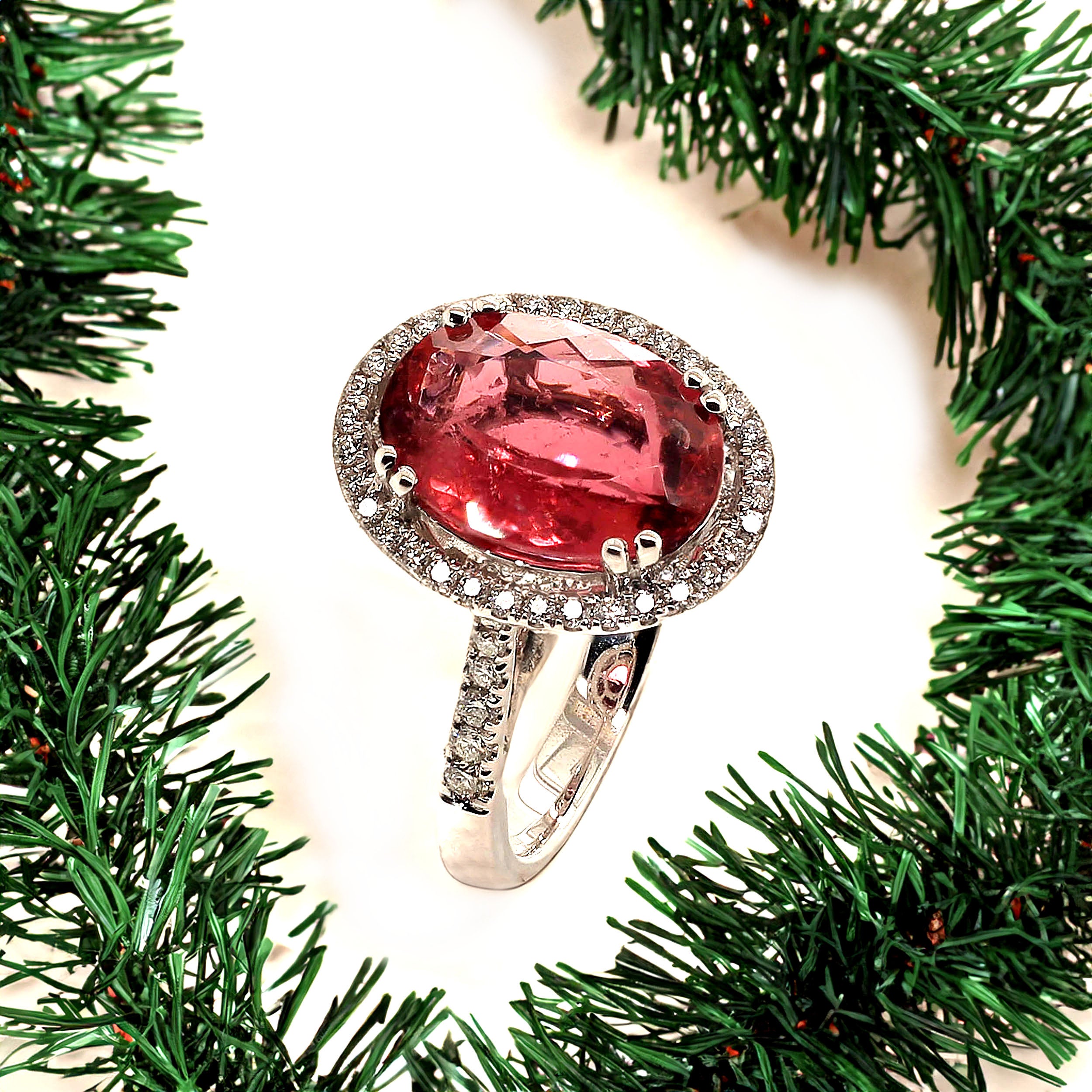 AJD Oval Pink Tourmaline Halo Set in Diamonds 14K white gold Ring In New Condition For Sale In Raleigh, NC
