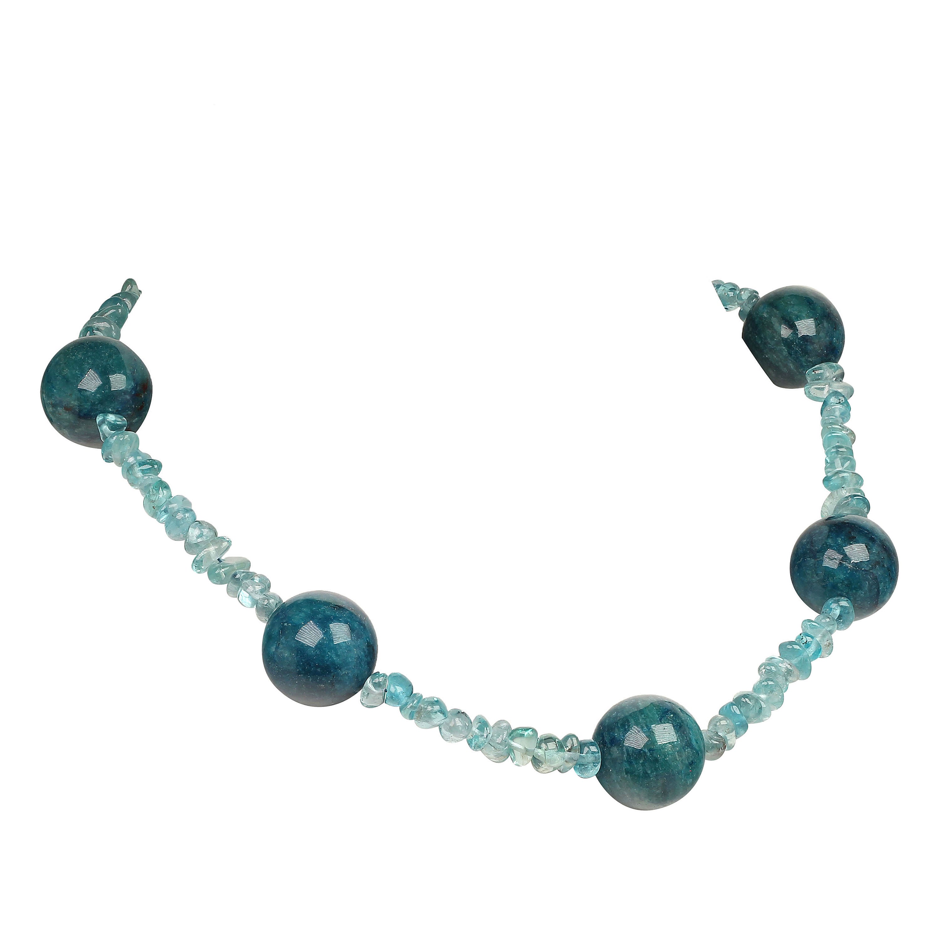 Stunnning, handmade necklace of five 20MM spheres of Apatite spaced out along highly polished, tumbled transparent Apatite. The 18 inch length of this necklace makes it very versatile. This unique necklace is secured with a hammered 24K yellow gold