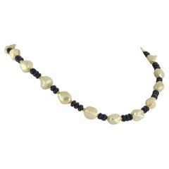 AJD Elegant Blue Sapphire and Lustrous White Pearl Necklace