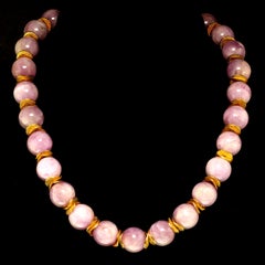 Pink Kunzite Beaded Necklace with Gold Accents, 16 Inches Long