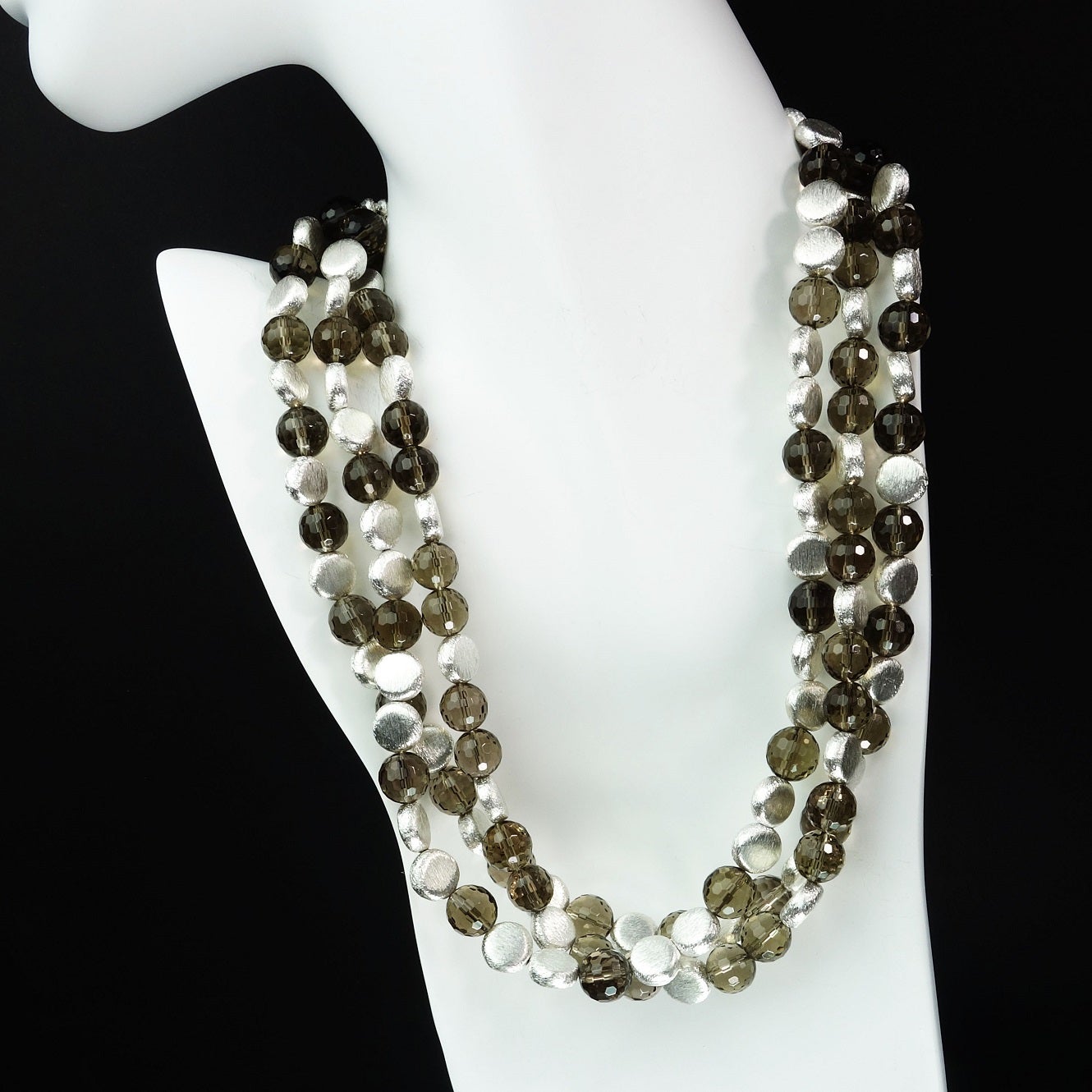 AJD 19 Inch Triple-Strand of Sparkling Faceted Smoky Quartz and Silver Necklace