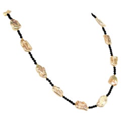 AJD Opera Length Pearl and Black Agate Long Necklace  June Birthstone