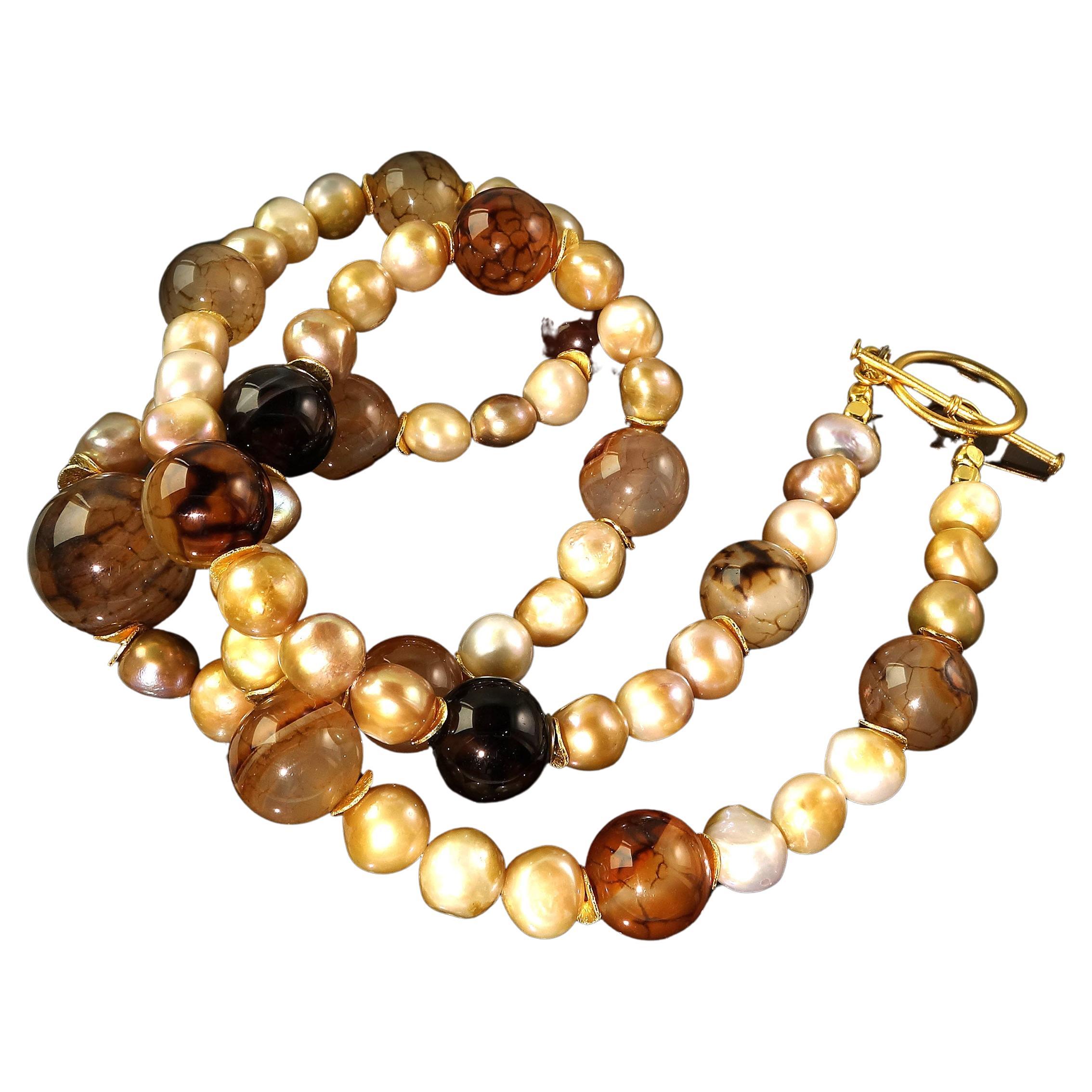 Own the jewelry you wish for

Handmade, elegant necklace of Spiderweb Jasper and Freshwater Pearls. The Pearls are in tones of gray, gold, and cream to enhance the brown tones in the Spiderweb Jasper. Each Jasper station is accented with gold tone