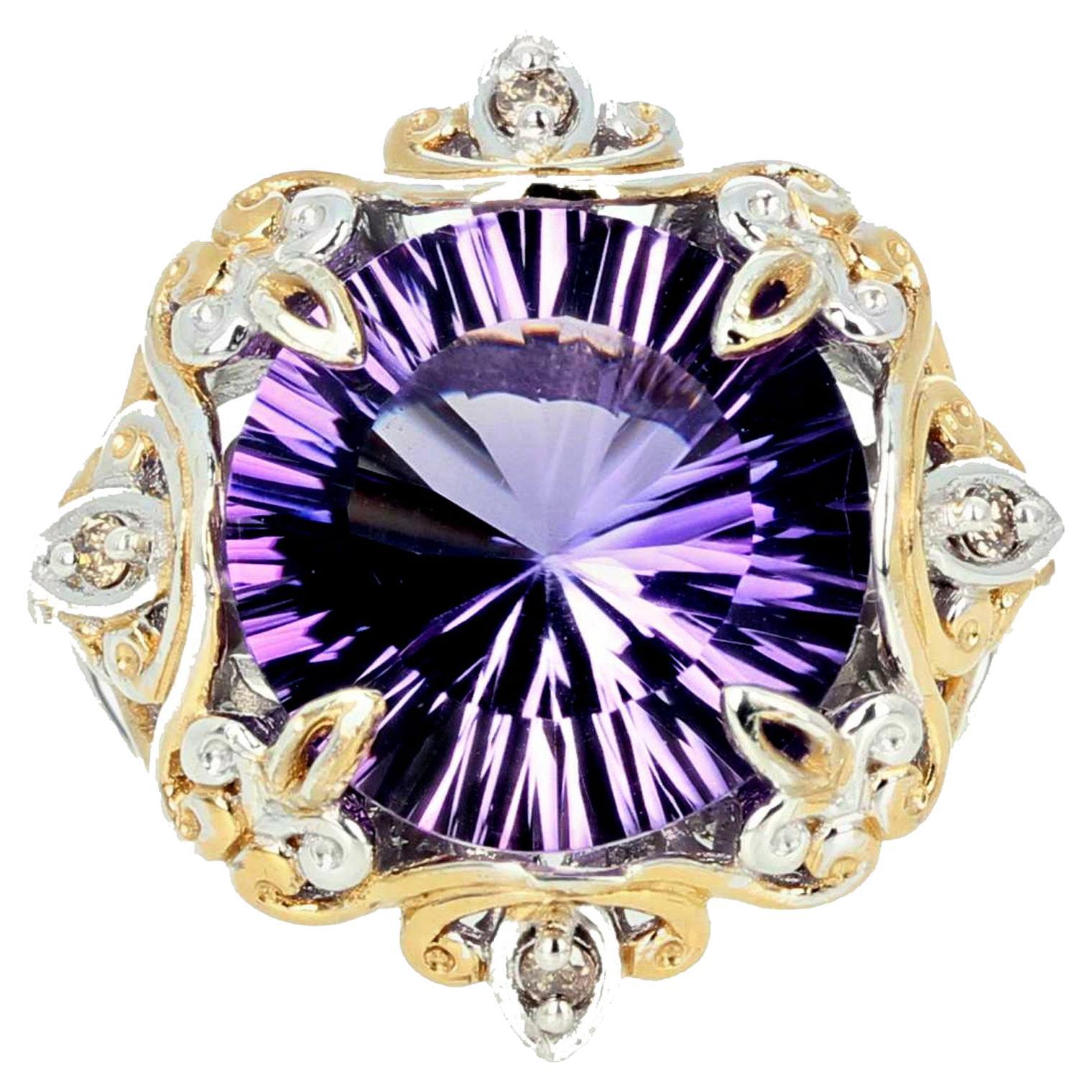 AJD Famous Fantasy Cut 8.9Ct. Natural Amethyst Sterling Silver & Goldy Ring For Sale