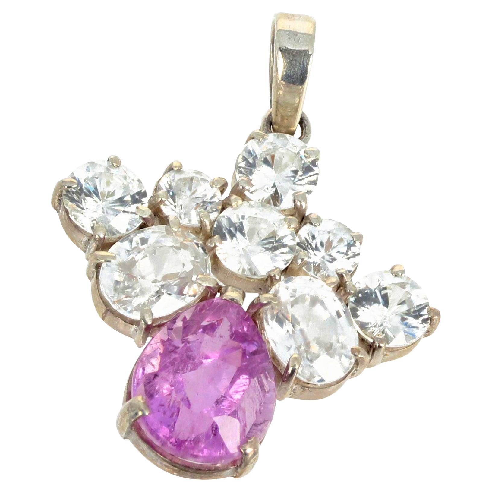 AJD Pink Kunzite & Intensely Sparkling Real White Topaz Sterling Silver Pendant For Sale