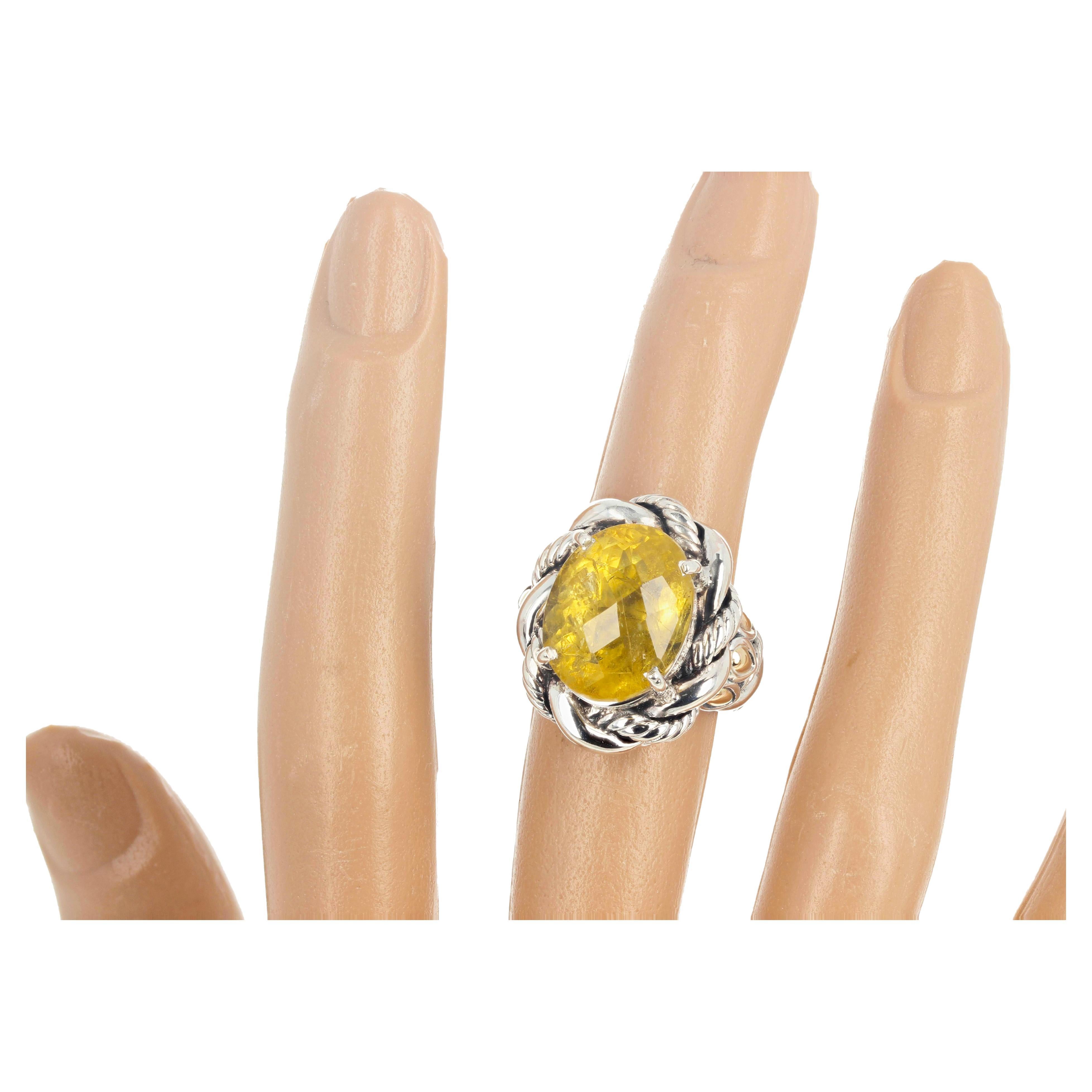AJD Foggy Glittering Natural 6.84 Ct. Yellow Beryl Sterling & Gold Silver Ring For Sale