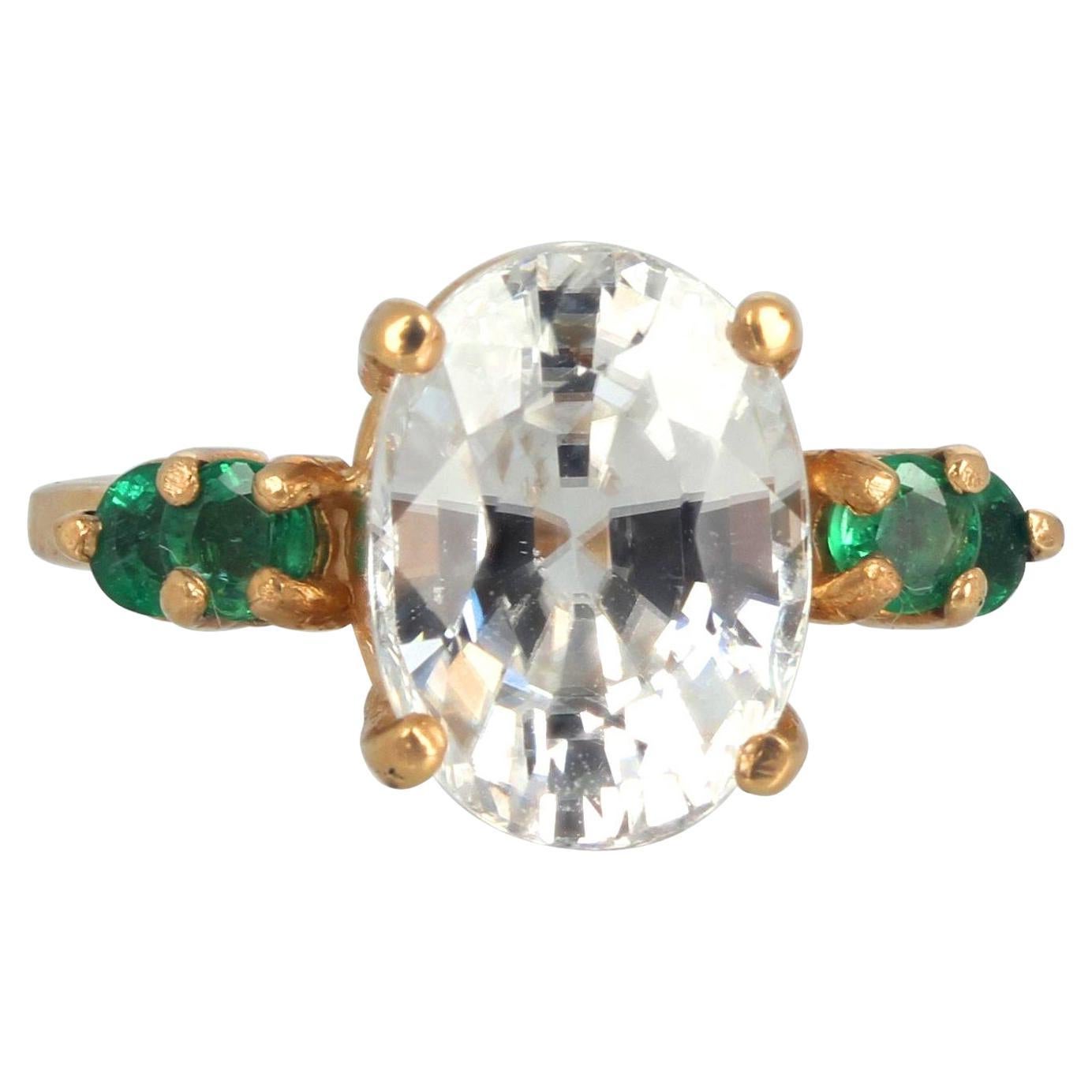 AJD Glittering 4 Ct. White Zircon & Natural REAL Green Emeralds Yellow Gold Ring For Sale