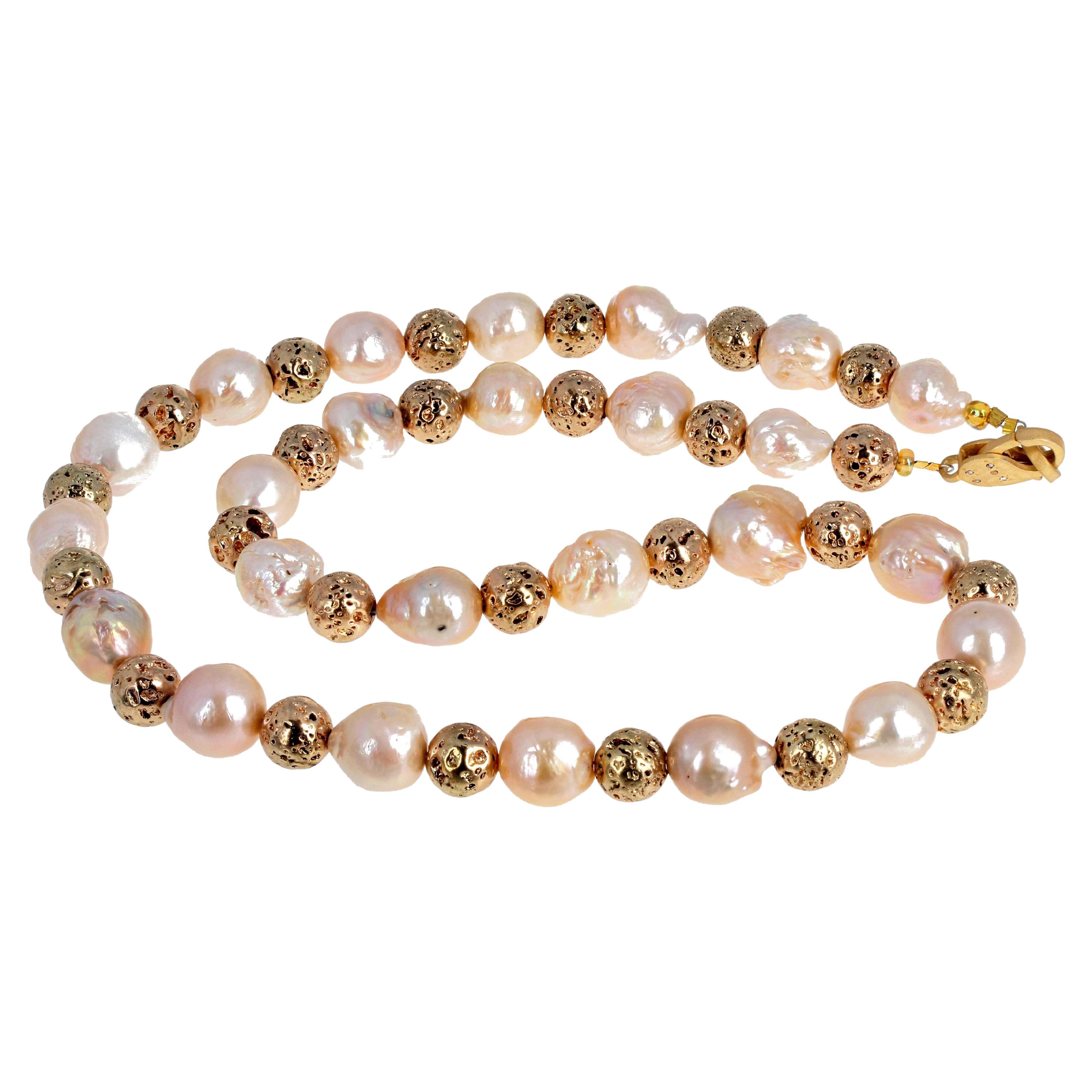 AJD Stunningly Elegant REAL Cultured Pearls & Goldy Real Lava Rock Necklace For Sale