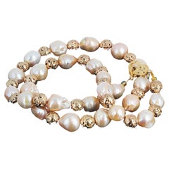 Stunningly Elegant REAL Cultured Pearls & Goldy Real Lava Rock Necklace