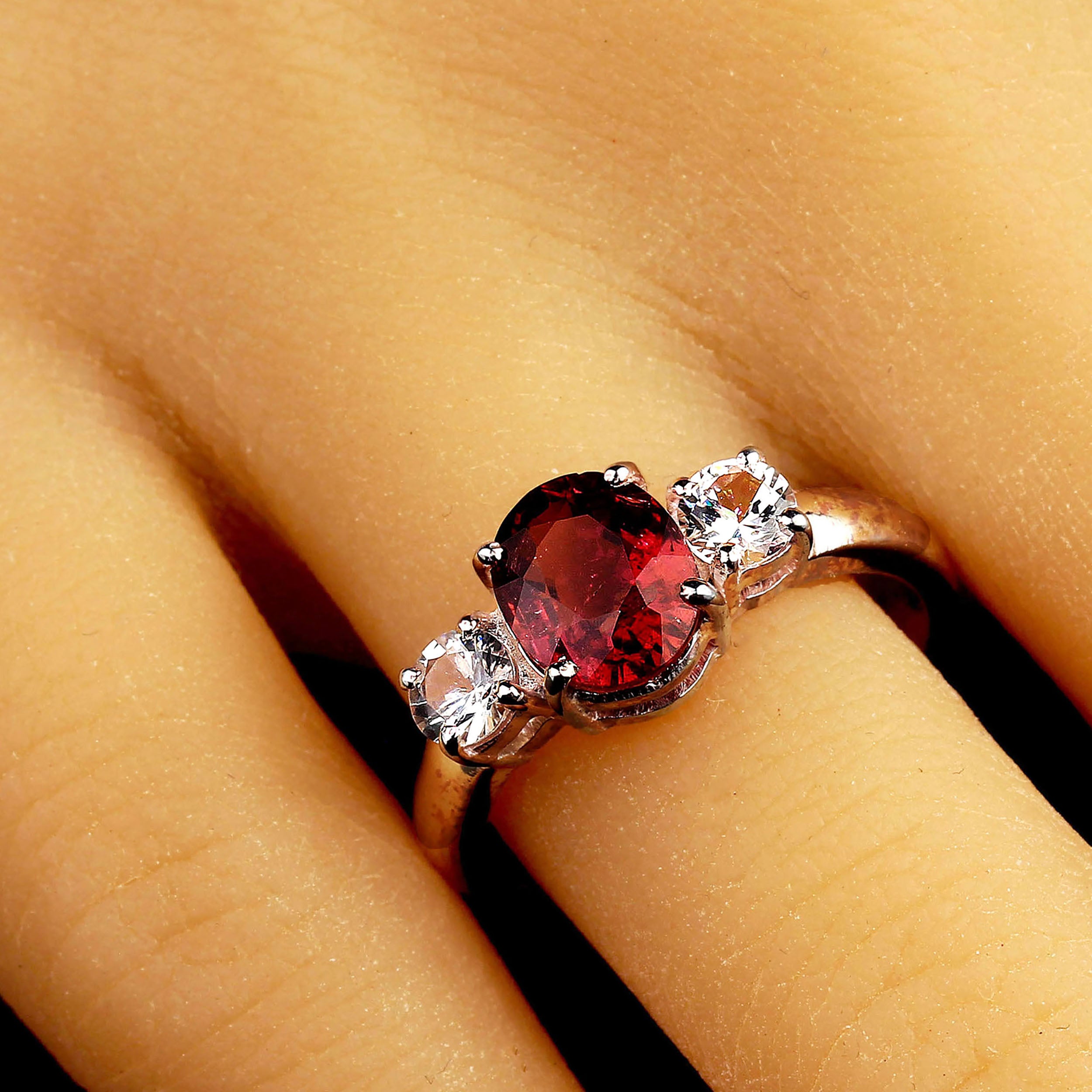 AJD Ring of Sparkling Red Tourmaline Accented with Genuine Zircons For Sale