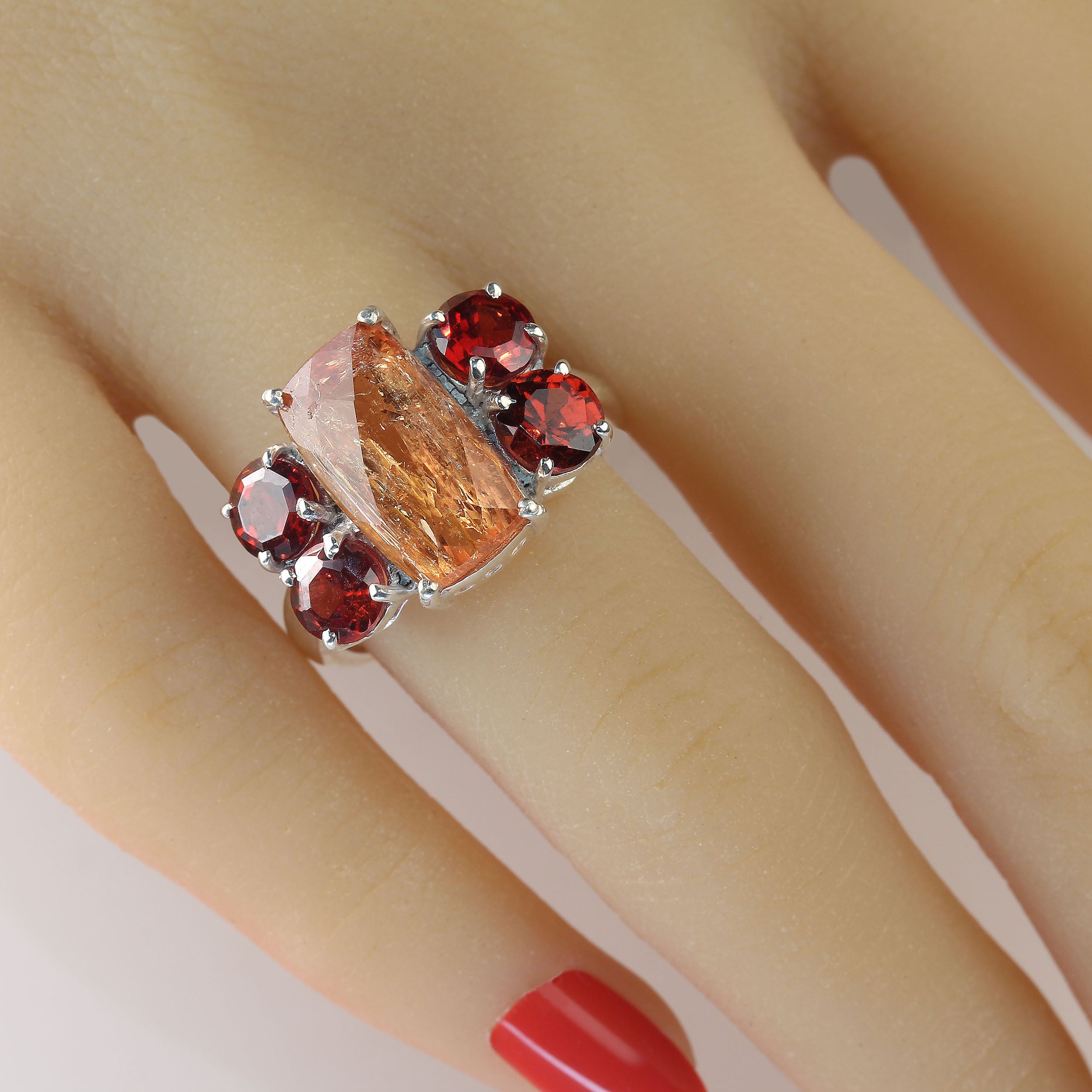 AJD Bold Dinner Ring of Imperial Topaz and Red Garnets Sterling Silver