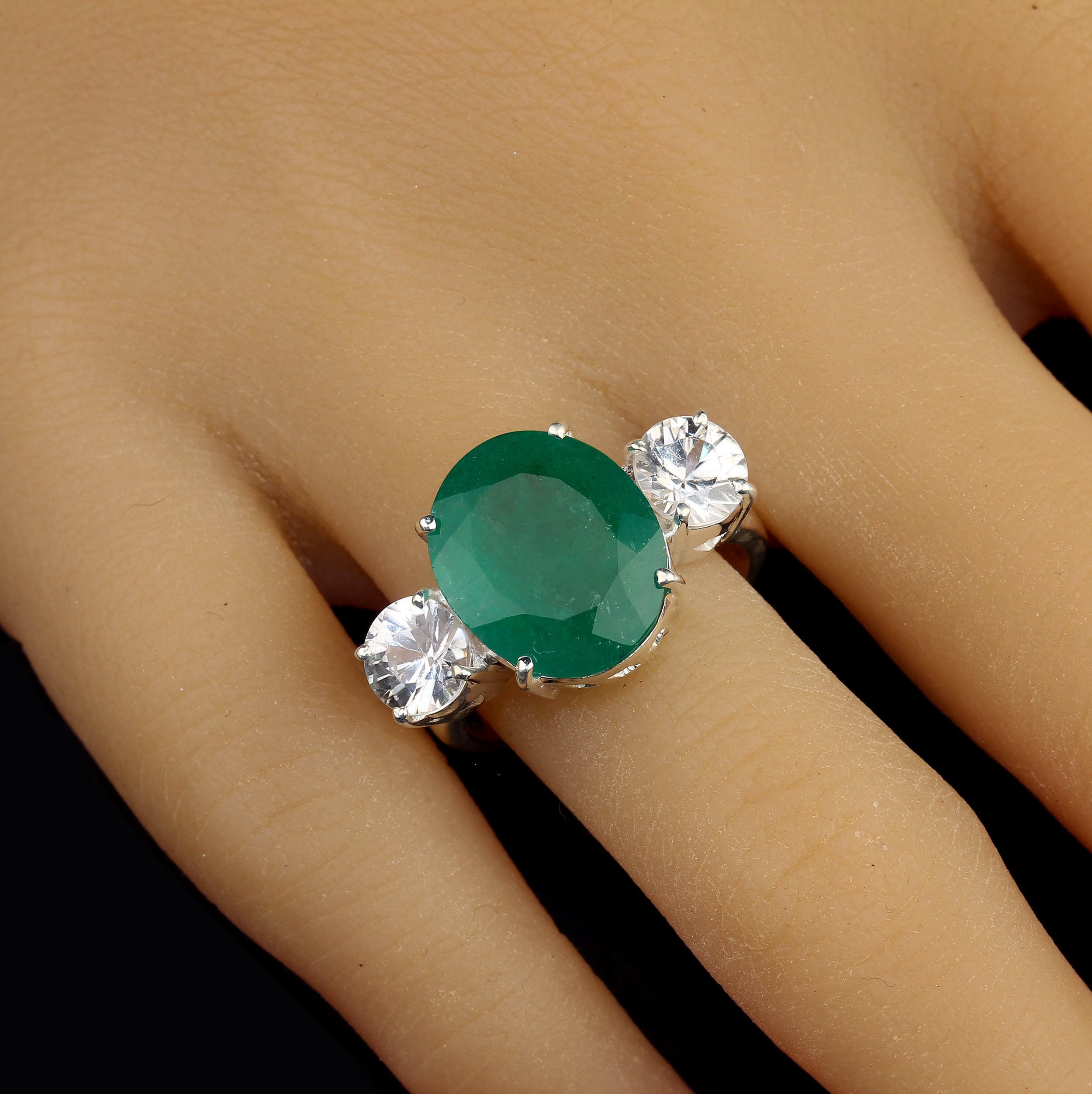 AJD Statement Dinner Ring of Huge Brazilian Emerald  & Genuine Zircons in Silver For Sale