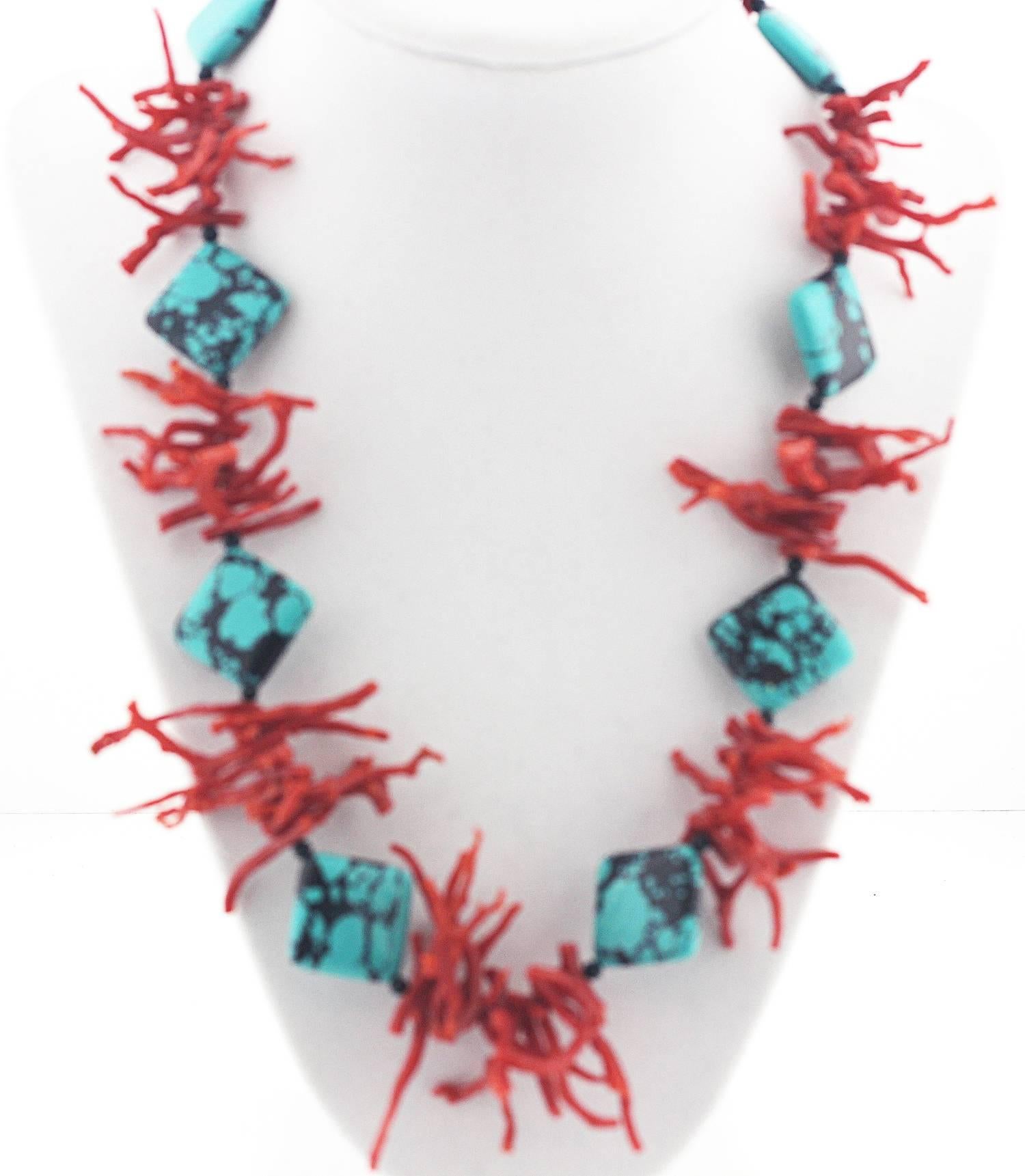 Natural Red Coral Branches enhanced by real American Blue Turquoise Necklace In Excellent Condition In Raleigh, NC