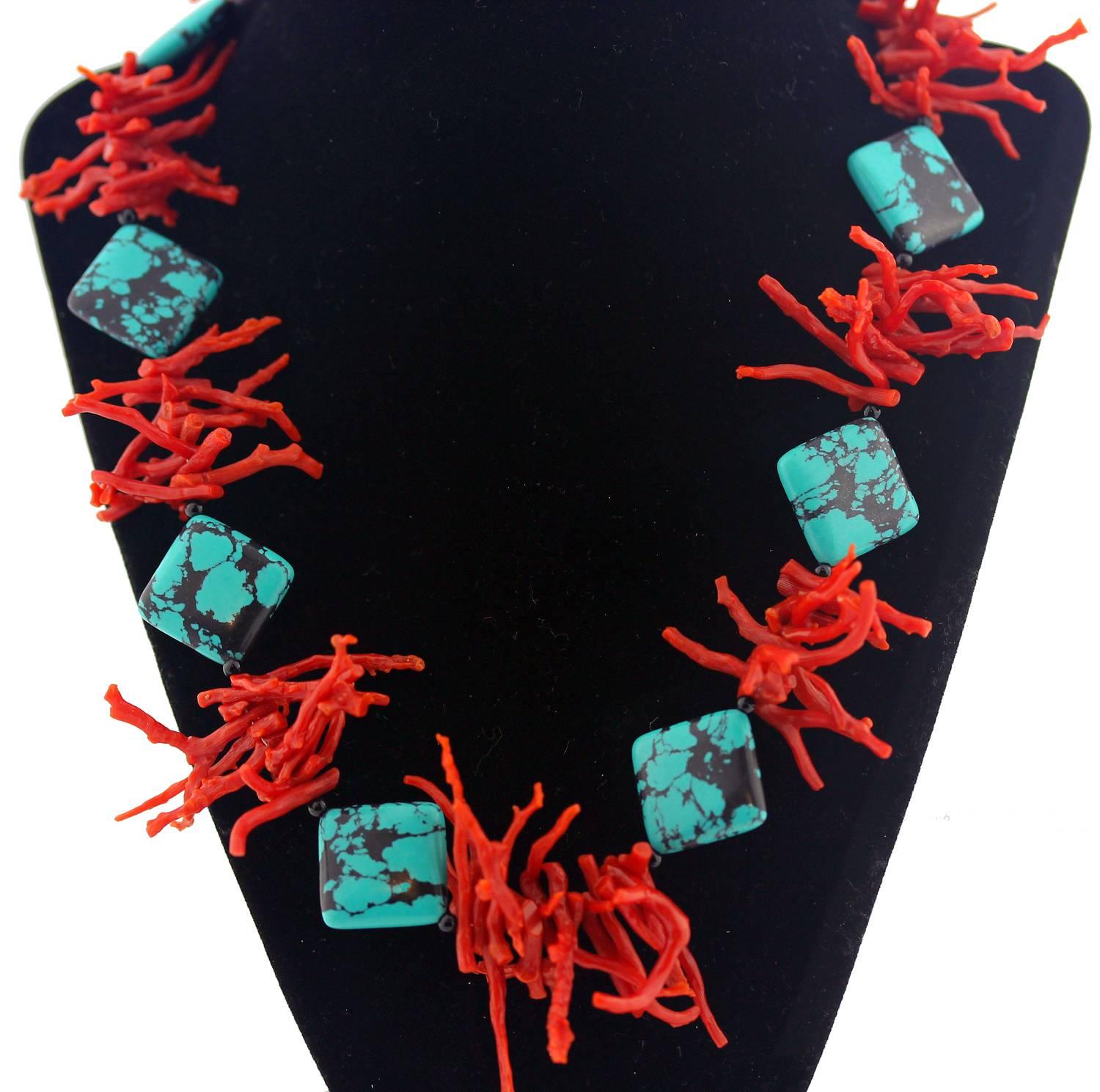 Contemporary Natural Red Coral Branches enhanced by real American Blue Turquoise Necklace