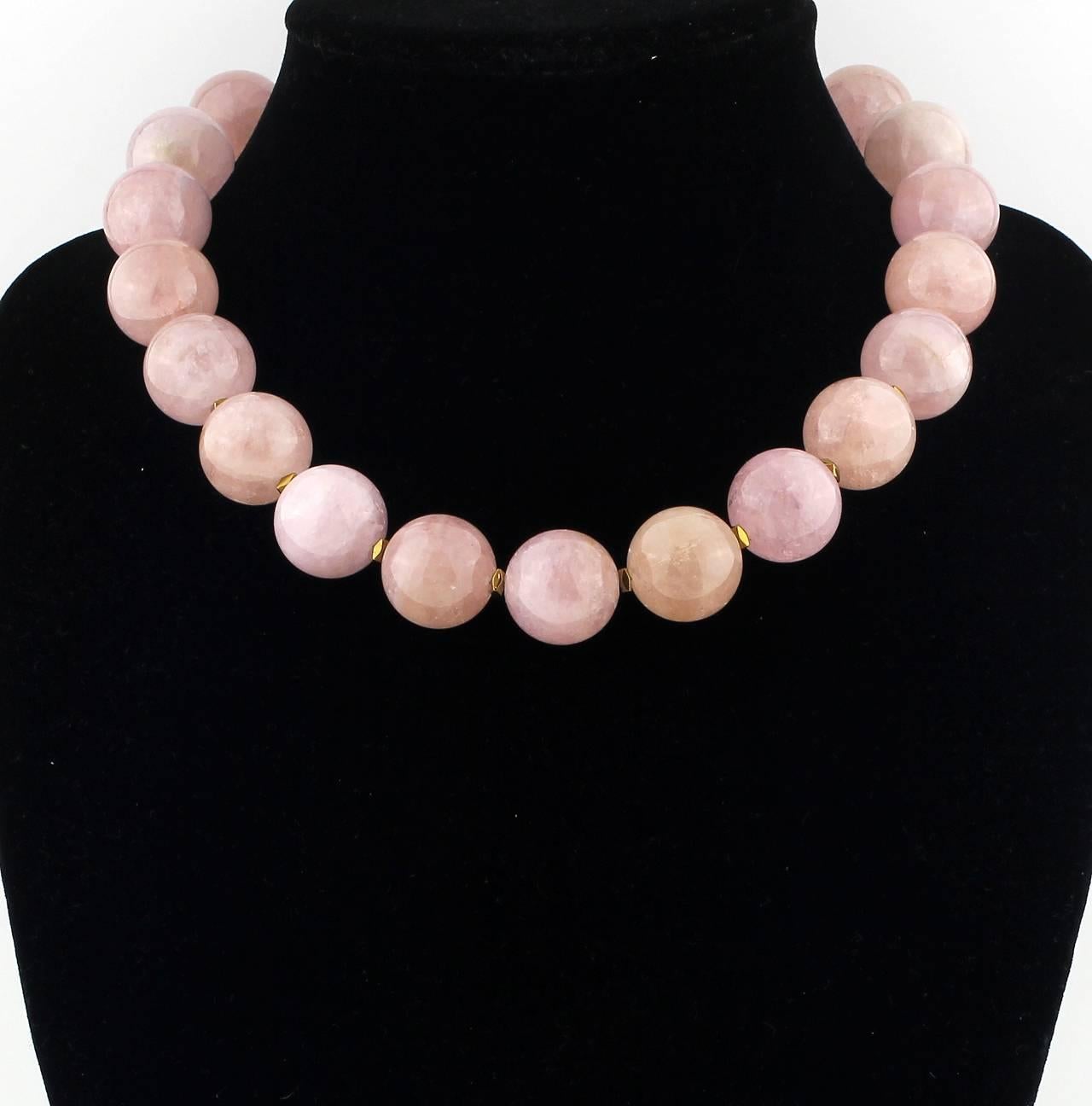 Splendid peachy-pink single strand of  highly polished opaque glowing Morganite necklace accented with gold tone sparkles.  These georgeous Morganites are a member of the Beryl family which also includes Aquamarine and Emerald.  These gemstones are