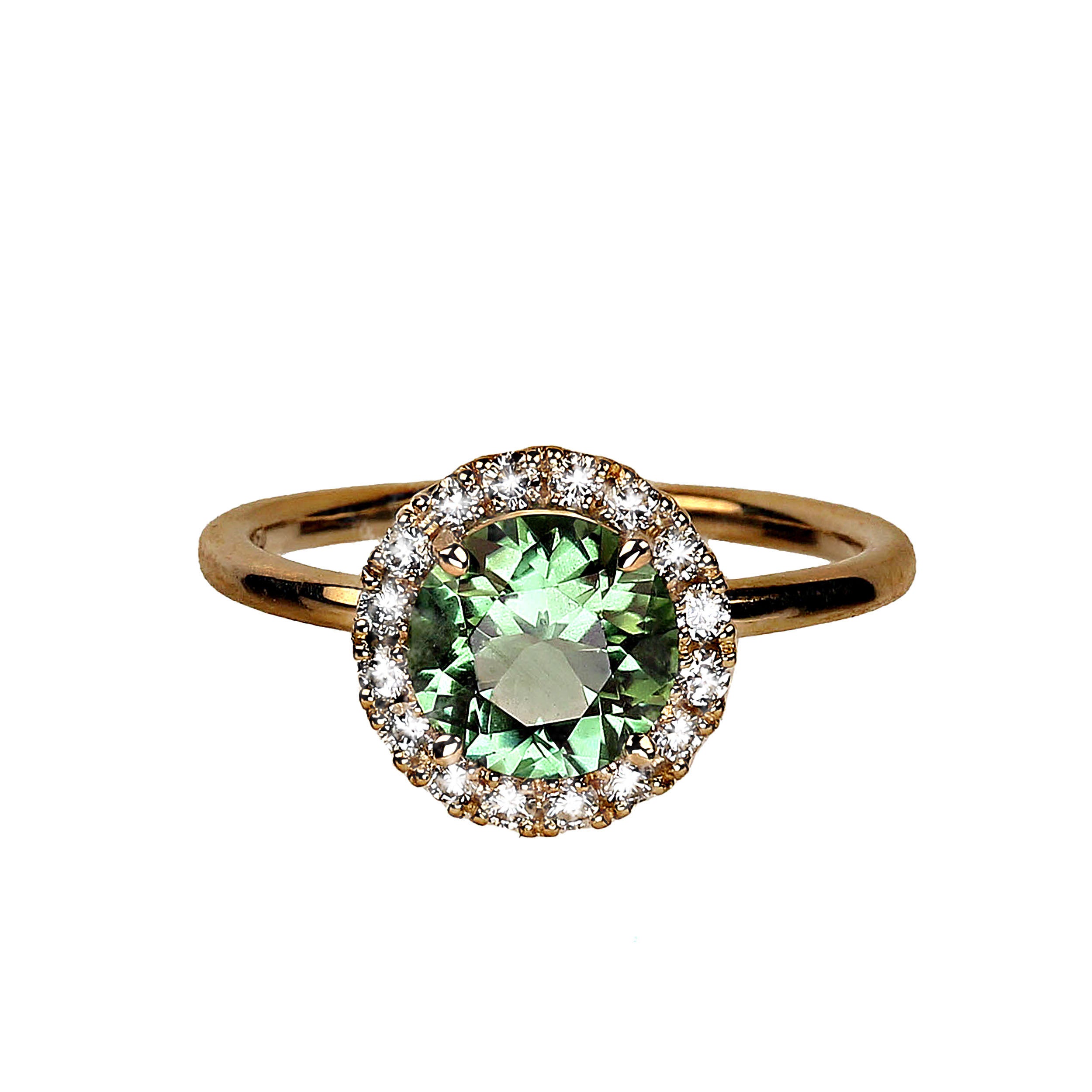 AJD Distinctive Ring of Round Green Tourmaline in Diamond Halo 14K Yellow Gold For Sale