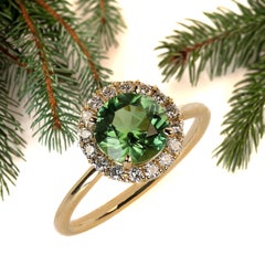AJD Bague caractéristique en or jaune 14 carats avec tourmaline verte ronde et halo de diamants