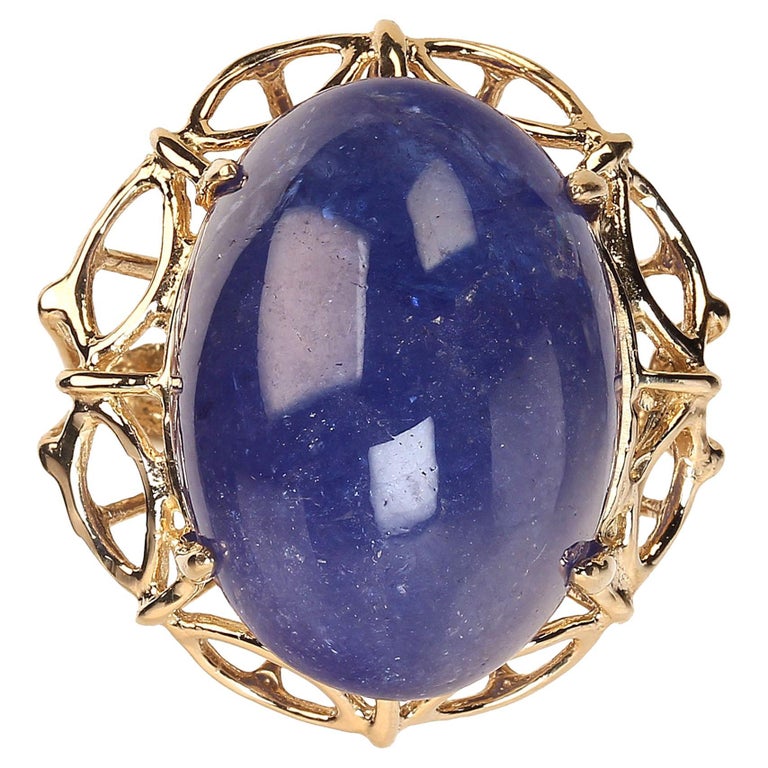 AJD Tanzanite 27Ct Oval Cabochon in 14K Yellow Gold Ring For Sale